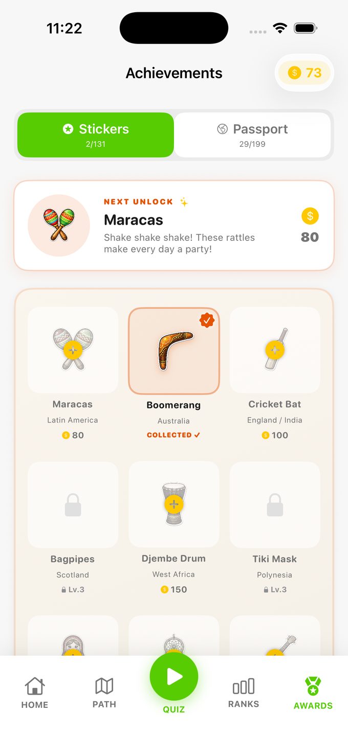 Flag Frenzy achievements and sticker collection screen