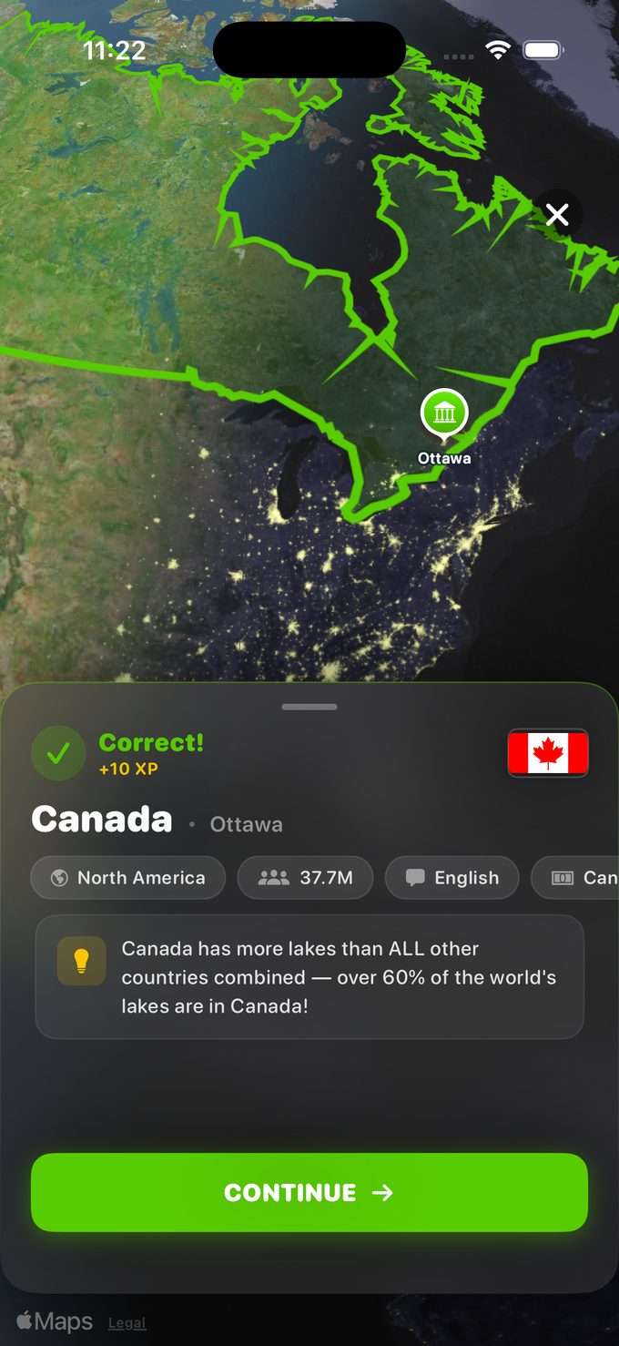 Flag Frenzy country fact screen for Canada on a 3D globe
