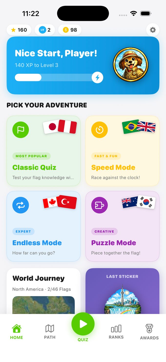 Flag Frenzy world journey screen showing an avatar travelling across the globe