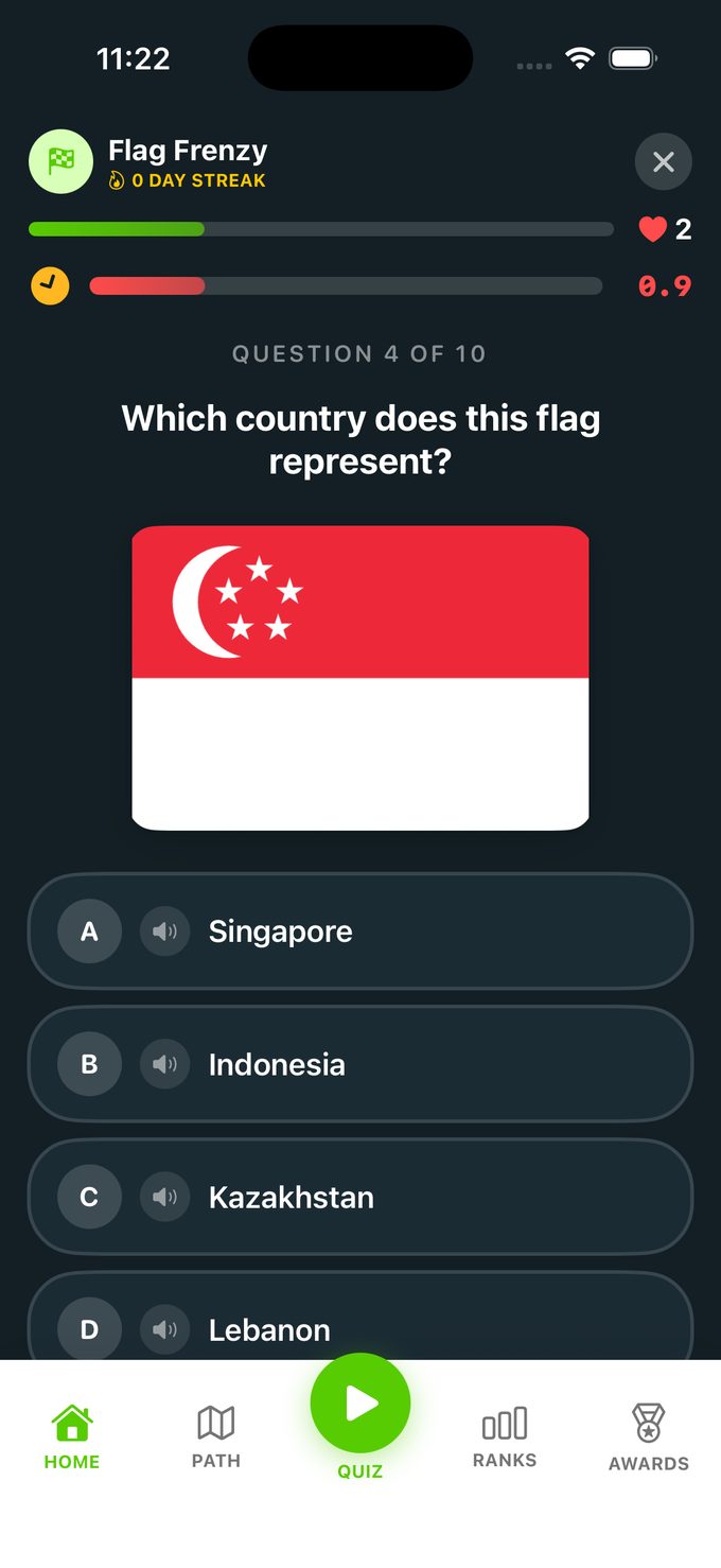 Flag Frenzy quiz question asking which country owns the Singapore flag