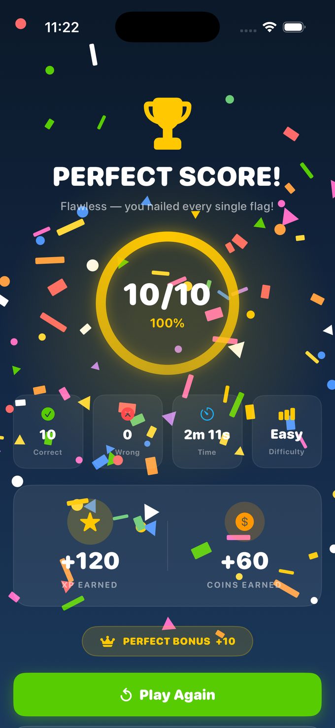 Flag Frenzy perfect score celebration screen